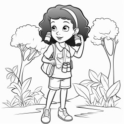 african american cute girl birdwatching holding binoculars looking into trees