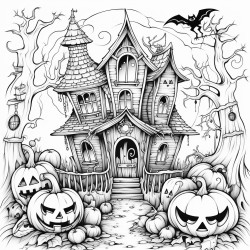 haunted house with halloween things around it in a storm and words that say happy stormoween