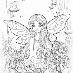 fairy with long hair and wings in the woods with mushrooms and pretty flowers