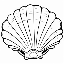 the illustration should be in super simple black and white bold line art with a clear mostly empty background includes only outlines with no filled in black areas ensuring no shading no complex images and making it very easy to color in between the lines a cute clam in the ocean