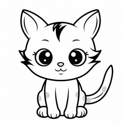 a black and white coloring page of a playful baby cat with big eyes clear background