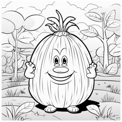 a cartoon character of a jackfruit with a face in a garden