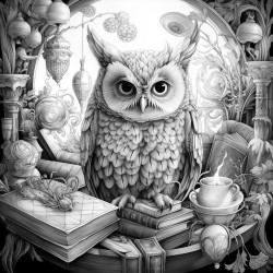 mago con gato y buho en habitacion con libros y artefactos de magia
