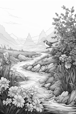 flower meadow with animals and a stream and a sunrise coloring page