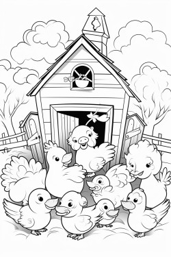 a cute barn with numerous cute animas as cow hen horse duck turkey sheep and donkey