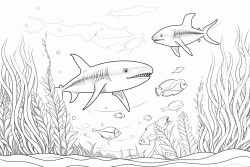 underwater scene with animals like sharks or octopi