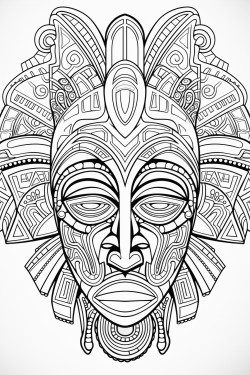 highly detailed african mask no shading or coloring fine linework