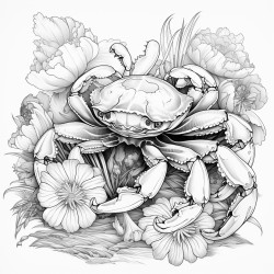 crab with snake mystical theme highly detailed black outline floral elements