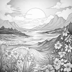 I want to paint a sunset view by the mountains and ocean