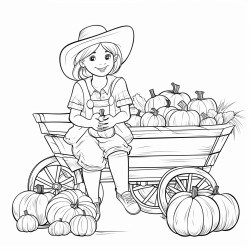 adult woman in jeans and check shirt sitting on a hay wagon which ist loaded with different pumpkins