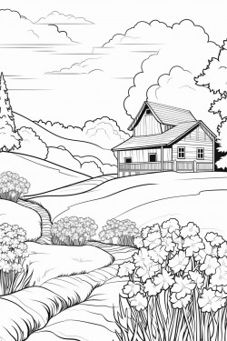 switzerland landscape with a quaint stone house surrounded by flowers and a cypress tree cows graze in lavender fields