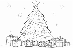 a decorated christmas tree with ornaments lights and a star on top presents are stacked beneath the tree