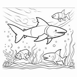 an ocean with a clownfish in an anemone a shark chasing a fish and a whale with barnacles swimming