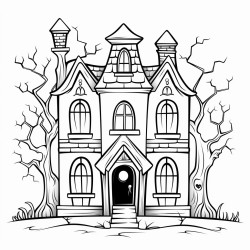 image with black lines on a white background a haunted house with glowing windows outlined in spooky large coloring book style no solid fill ample white space for easy coloring ideal for kids coloring books enhanced line clarity