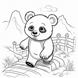 a panda walking in a pathway outline lineart coloring book 2d cartoon character