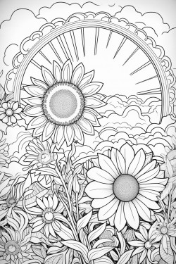 a rainbow with flowers and sunshine