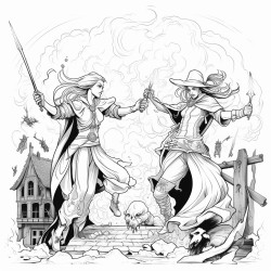 fight scene of a studly gangster battling two female witches and their spells