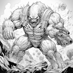 monster made of lava shooting a lava minigun