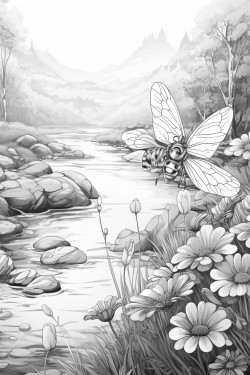 firefly in meadow near stream with flowers