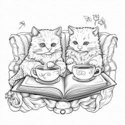 cats reading with hot chocolate