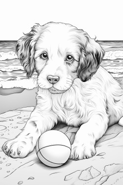 puppy at the beach playing with a ball