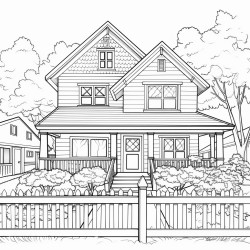 black and white detailed line drawing of a cottage style home exterior high attention to details
