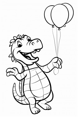 a dancing alligator holding balloons with a dancing zebra in a simple coloring book style