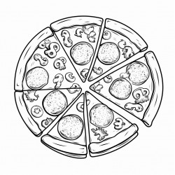 black and white coloring book drawing only thick outlines no grayscale for children in cartoon style pizza with toppings