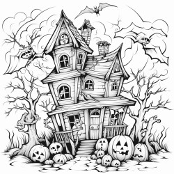 a haunted house and spooky halloween things in a storm and letters spelling happy stormoween