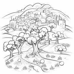 a small village surrounded by rolling hills and a large ancient olive tree in the center