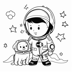 a simple almost clipart like of a kid astronaut and her dog in space