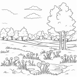 make me a drawing page of trees and a field with flowers