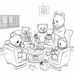 illustration a group of teddy bears sitting in a circle discussing their band plans with a teddy bear holding a notepad background a cozy living room with musical posters on the walls and a coffee table with snacks