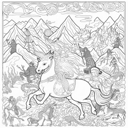tapestry of dragon getting attacked by noblemen while also  interacting with reindeers in a tundra