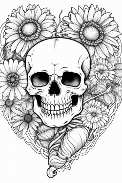 skull heart snake and sunflower