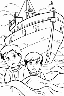 worried boys working in a big boat with a big storm