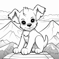 plush puppy sits on a railing in front of a mountain
