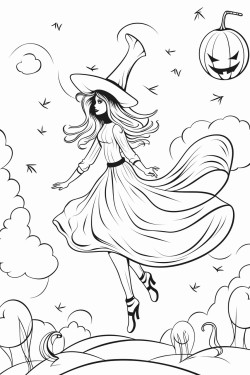 witch in evening dress flies to halloween party