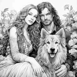 a long haired woman man two big dogs and cat