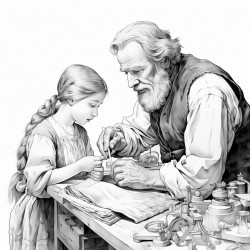 an old man teaching a little girl about woodworking