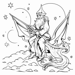wizard riding a dragon midnight sky