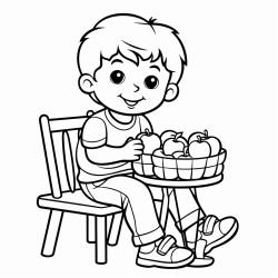 a 35 year old is sitting on chair and eating apple and there is a bucket kept on the table consisting of fruits