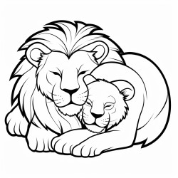a simplified goofy accurate cartoon lion and lioness couple closed eyes sleeping vector no acessories black and white for coloring no shadows