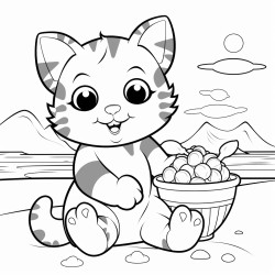 kitty laying on the beach eating ice cream