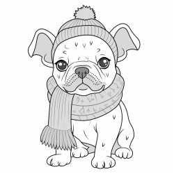 grey angrey and white french bulldog puppy with a grey and pink woolen hat and a pink woolen collar