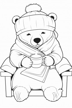 think outline cartoon style bear in pajamas and a sleeping cap drinks tea with honey