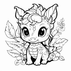 kawaii somewhat detailed nature dragon big eyes chibi with leaves and flowers growing on her scales chibi dragon patter kawaii nature dragon