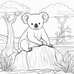 cute koala sitting on a eucalyptus tree with ayers rock in the back