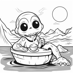 an alien laying down a river while eating ice cream