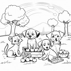 picnic scene in the park with sandwiches fruits and playful puppies